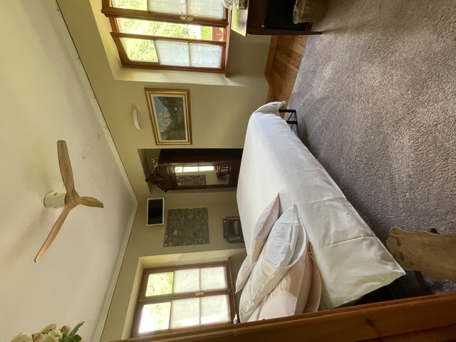 Camera da letto luminosa con letto matrimoniale e vista giardino